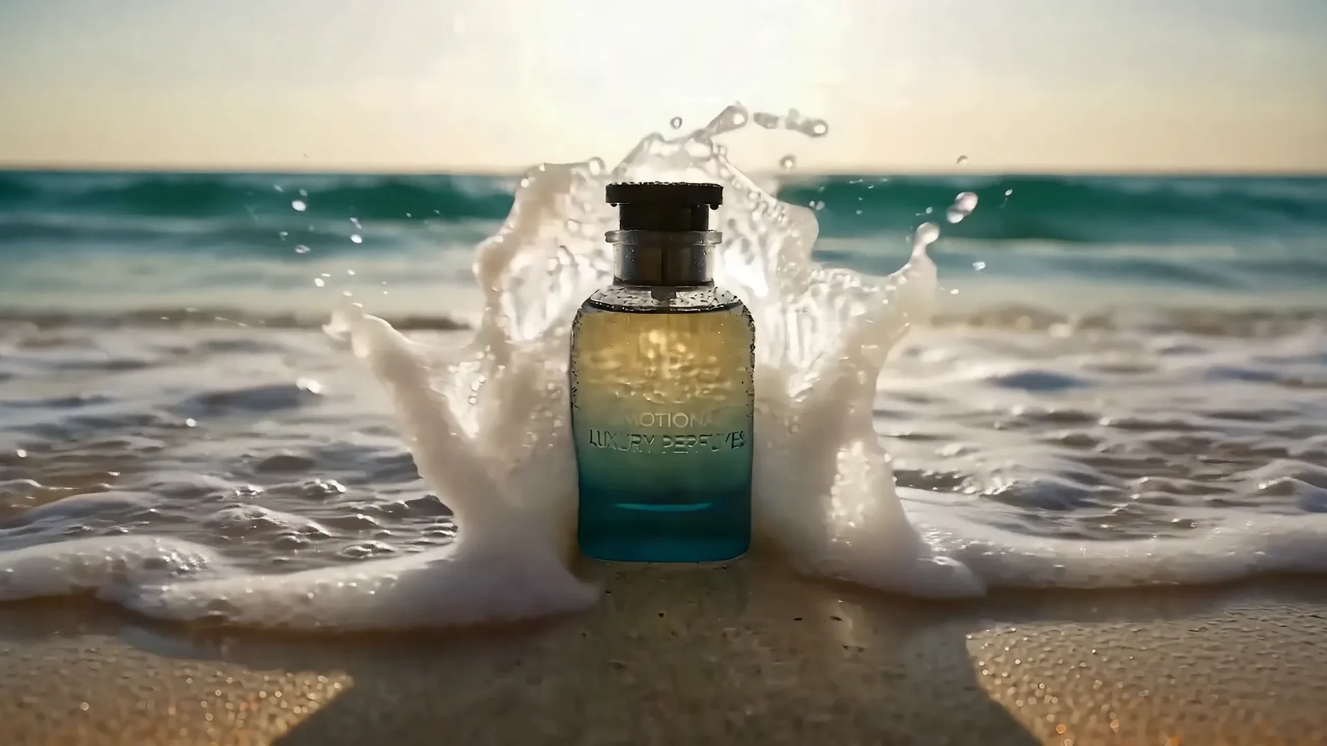 A Luxury Perfumes eau de parfum bottle in the surf, produced by Luxury Line Perfumes in Sharjah